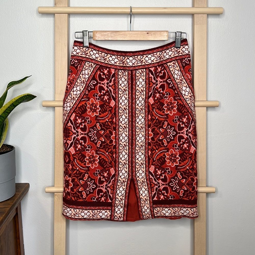 LOFT Pencil Skirt, Stained Glass Tapestry, Maroon Red, SIZE 6